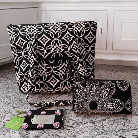 Vera Bradley Set of 3 in Black Patterns. Villager Bag, Accordion Wallet & Zip ID - Picture 1 of 15
